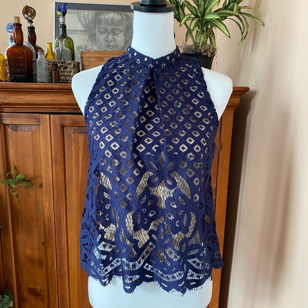 LOVE Fire Navy Blue- Lace- Mock Neck Top with Nude Underlayer